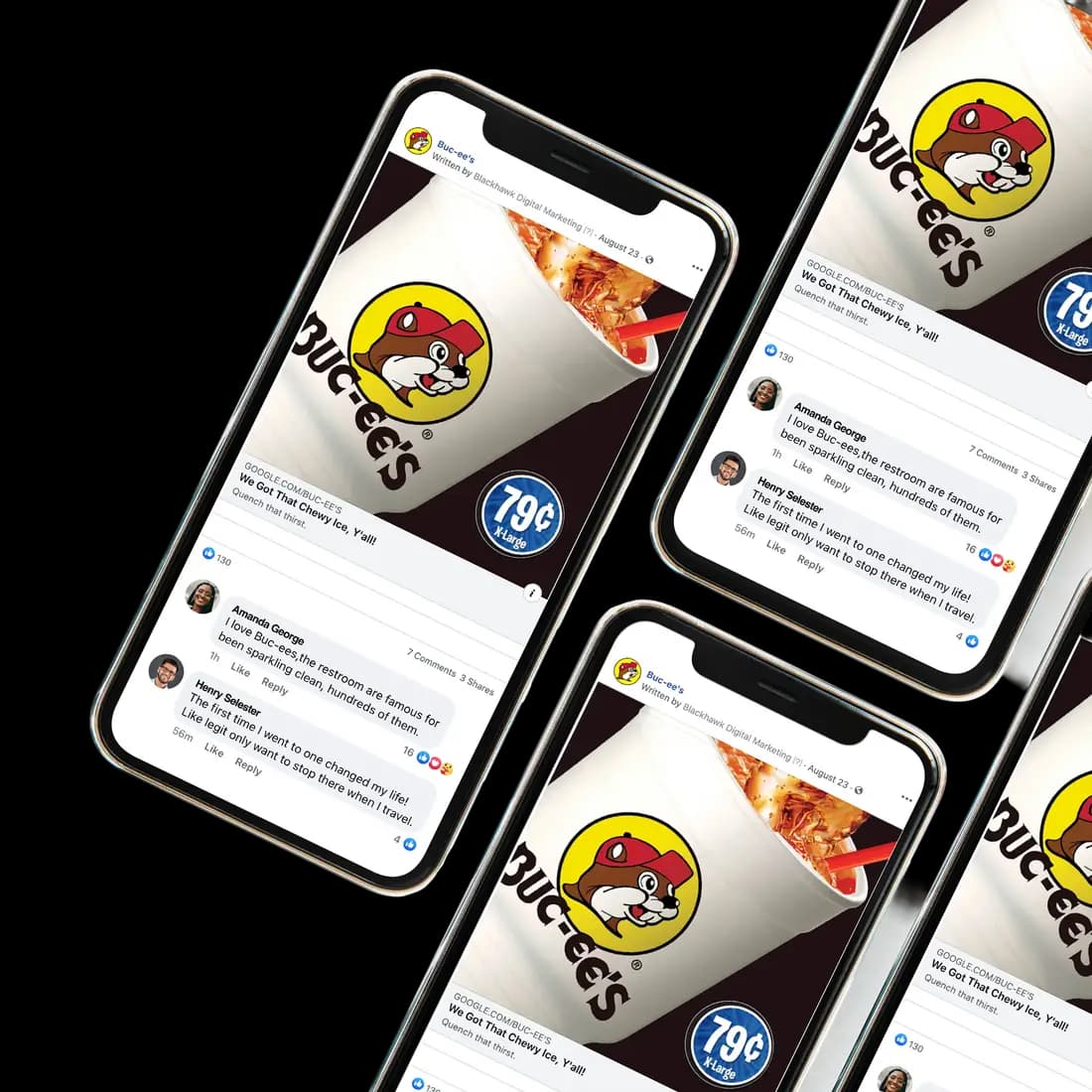 Buc-ee's social media posts managed by Blackhawk, shown across four iPhones