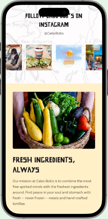 Mobile page 1 of the Cabo Bob's site by Blackhawk on an iPhone