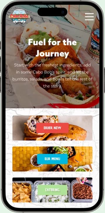 Mobile page 2 of the Cabo Bob's site by Blackhawk on an iPhone