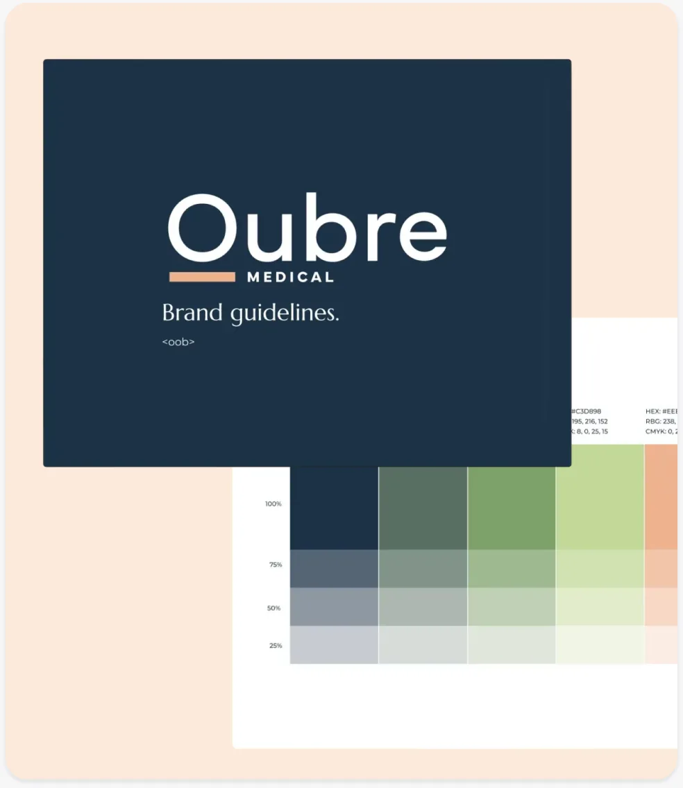 Oubre Medical brand guidelines spreads: cover and color palette pages designed by Blackhawk