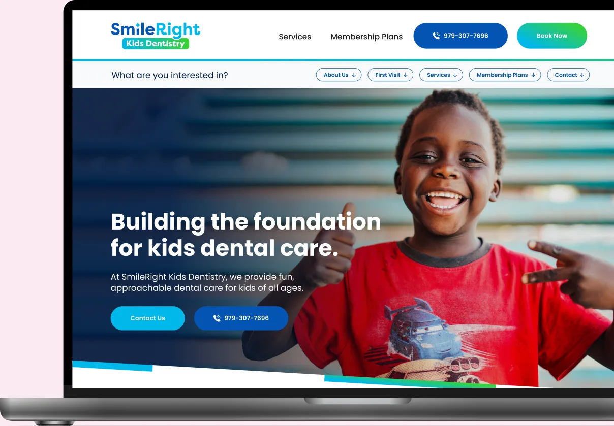 SmileRight Kids Dentistry website designed by Blackhawk, open on a MacBook