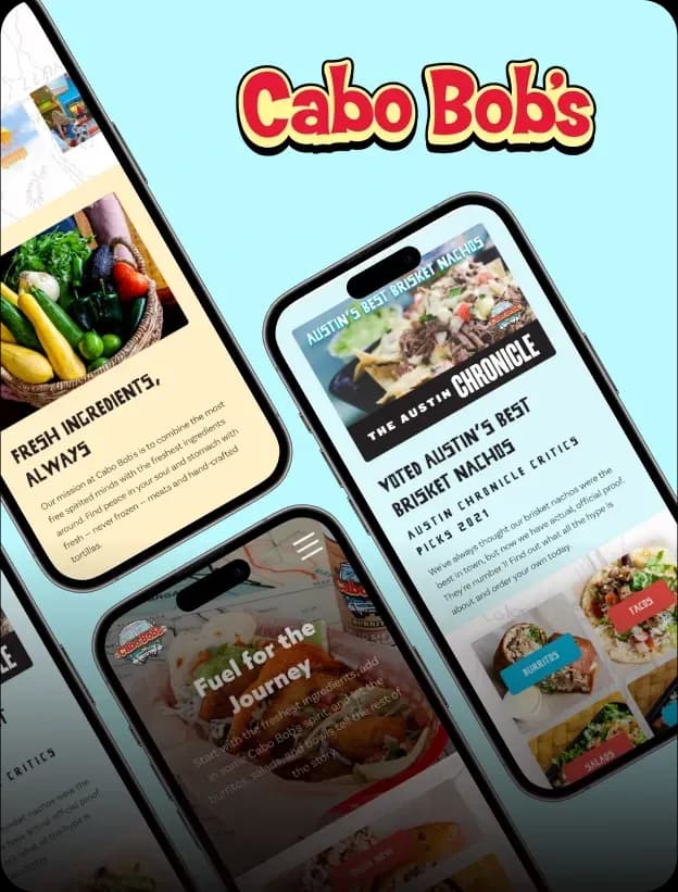 Cabo Bob's mobile website screens on three floating phones