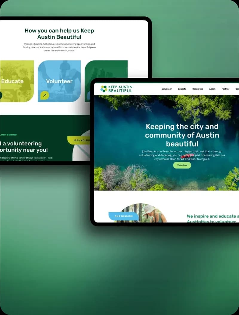 Keep Austin Beautiful website pages fanned out on green panels