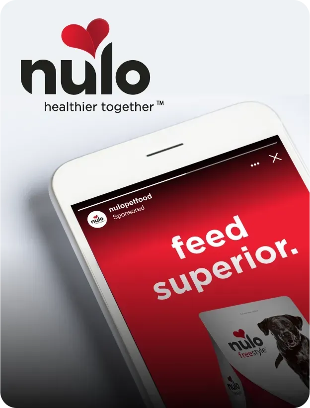 Nulo pet food sponsored ad reading 'feed superior' on a phone