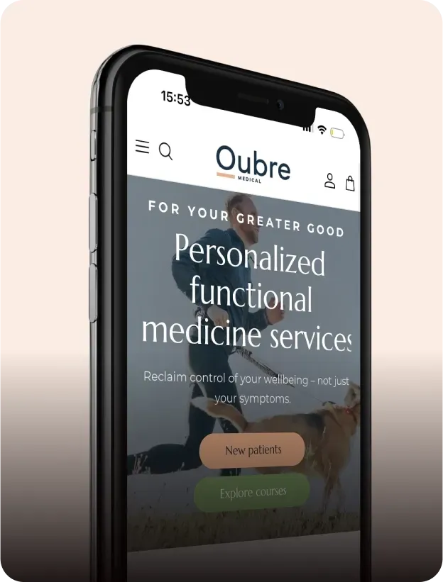Oubre Medical mobile homepage on an iPhone against a peach backdrop