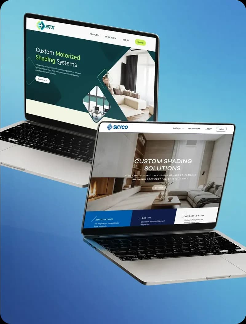 BTX and Skyco custom shading websites open on two MacBooks