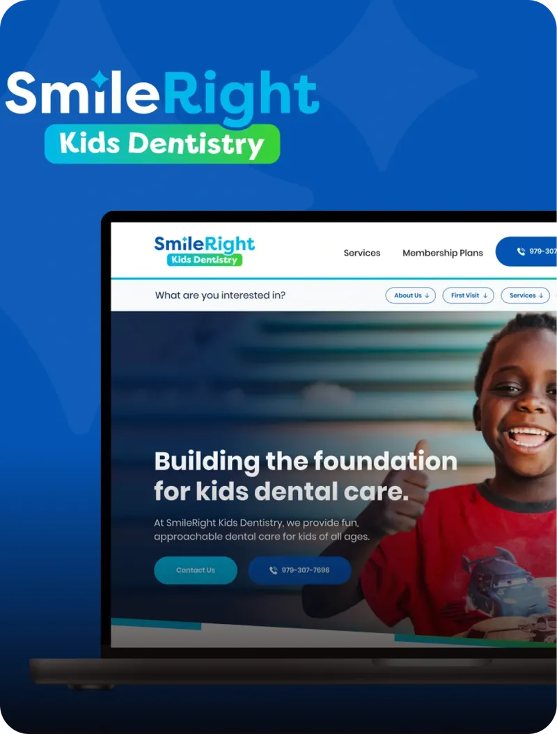 SmileRight Kids Dentistry homepage on a laptop over a blue backdrop