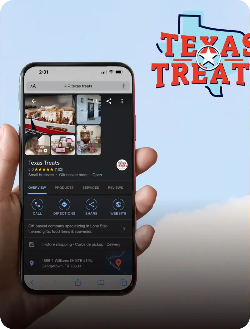 Texas Treats Google Business Profile on a phone held in a hand