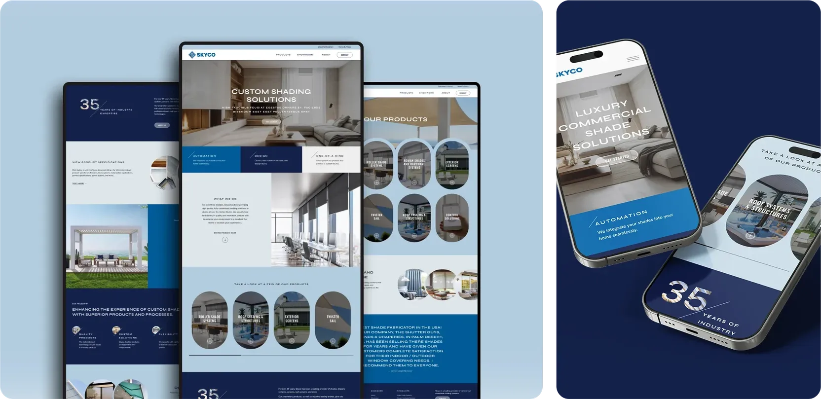 Redesigned Skyco website screens fanned out beside two phones showing the mobile site