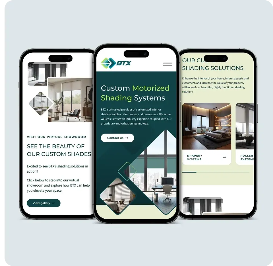 Redesigned BTX mobile website on three phone screens