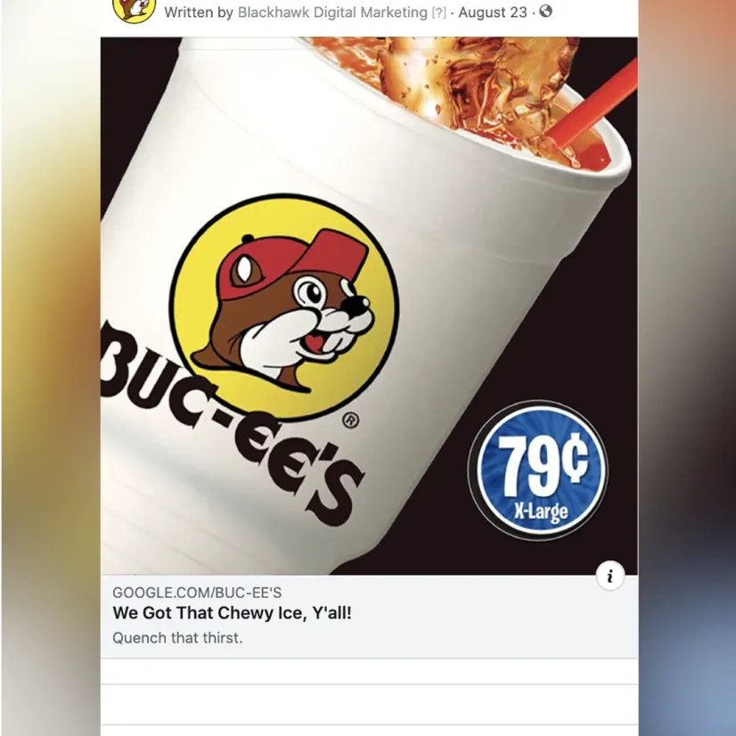 Facebook ad for Buc-ee's, created by Blackhawk.