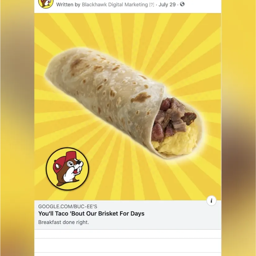 Facebook ad for Buc-ee's, created by Blackhawk.