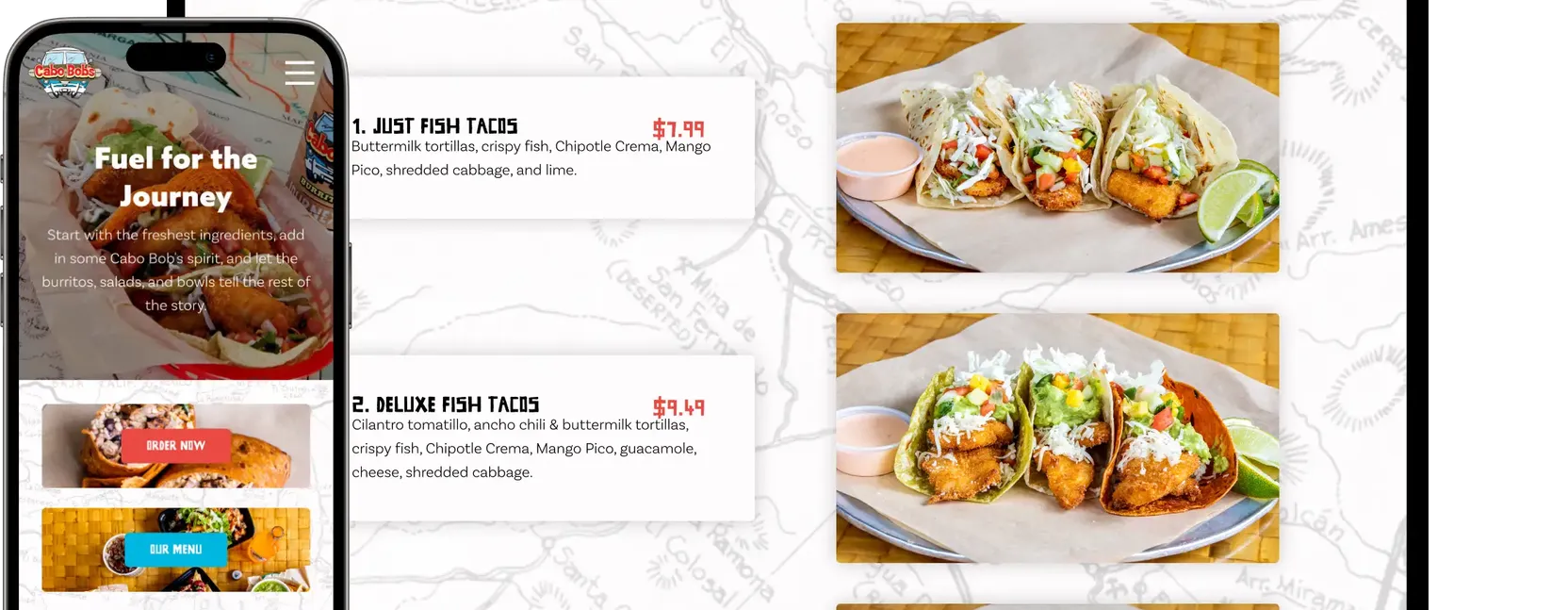 A mobile and desktop view of Cabo Bob's website showing the interactive menu