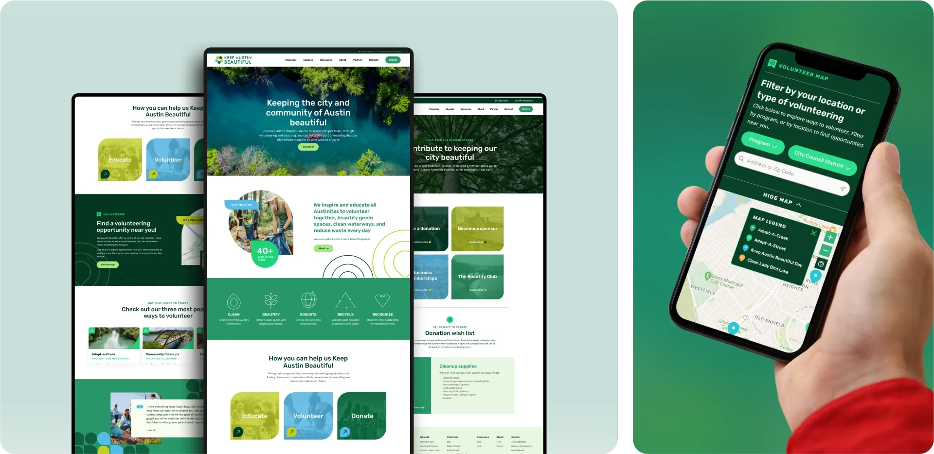 Redesigned Keep Austin Beautiful homepage screens fanned out beside a phone showing the volunteer map