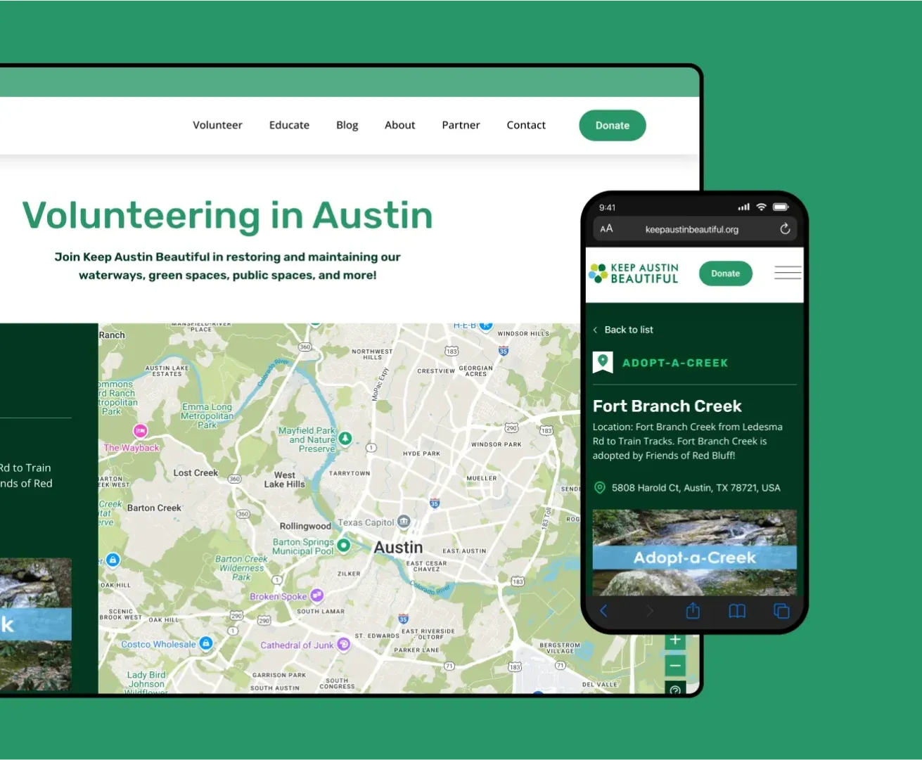 Keep Austin Beautiful interactive volunteer map on desktop and phone