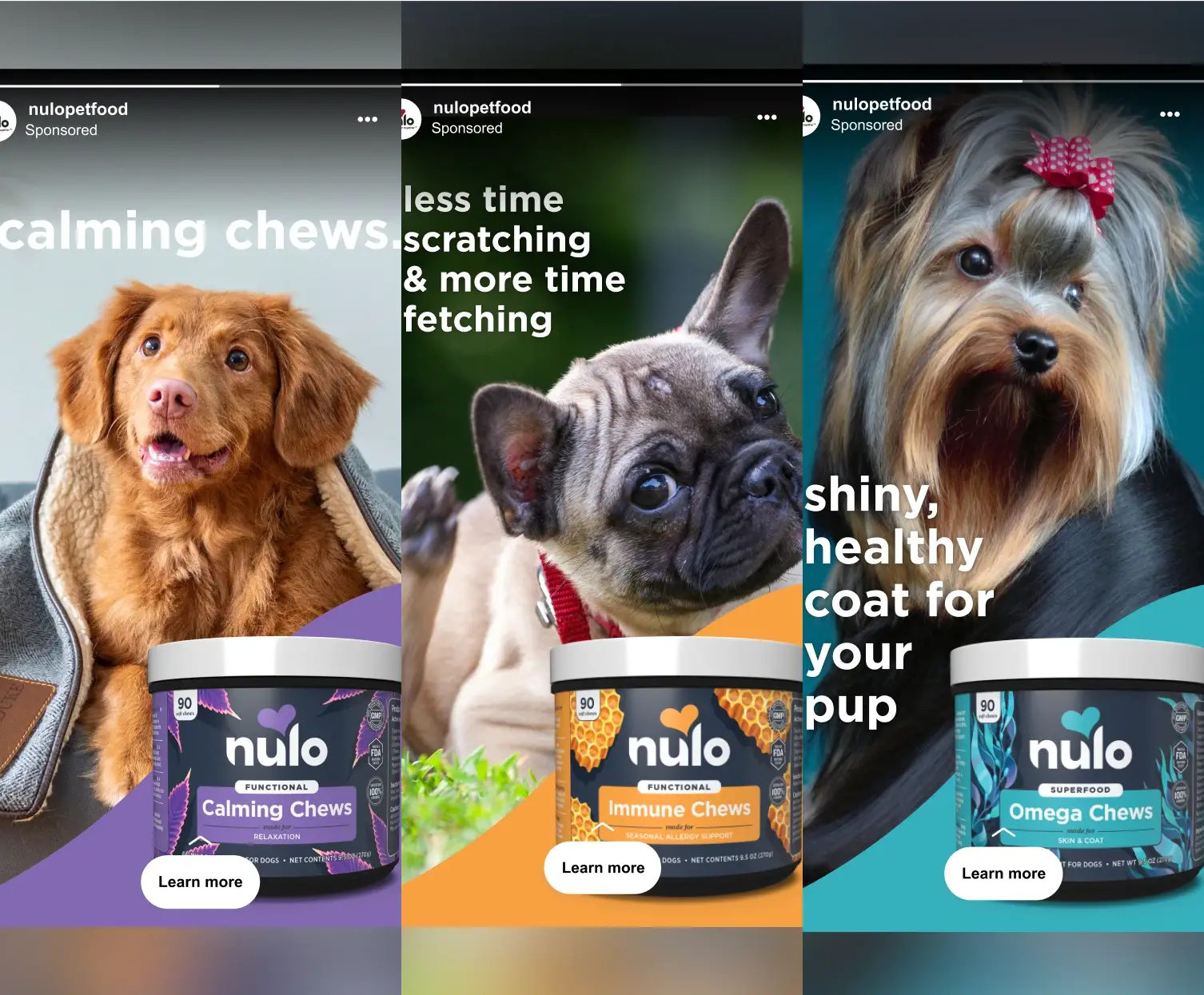 Screenshots of Instagram ads for Nulo Pet Food on three phone screens