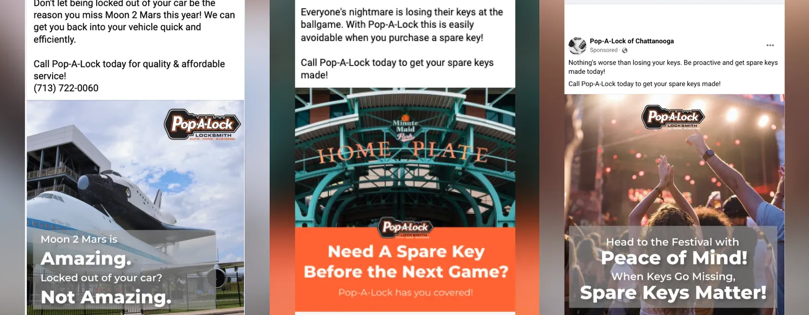 Facebook ads for Pop-A-Lock of Houston and Chattanooga, created by Blackhawk