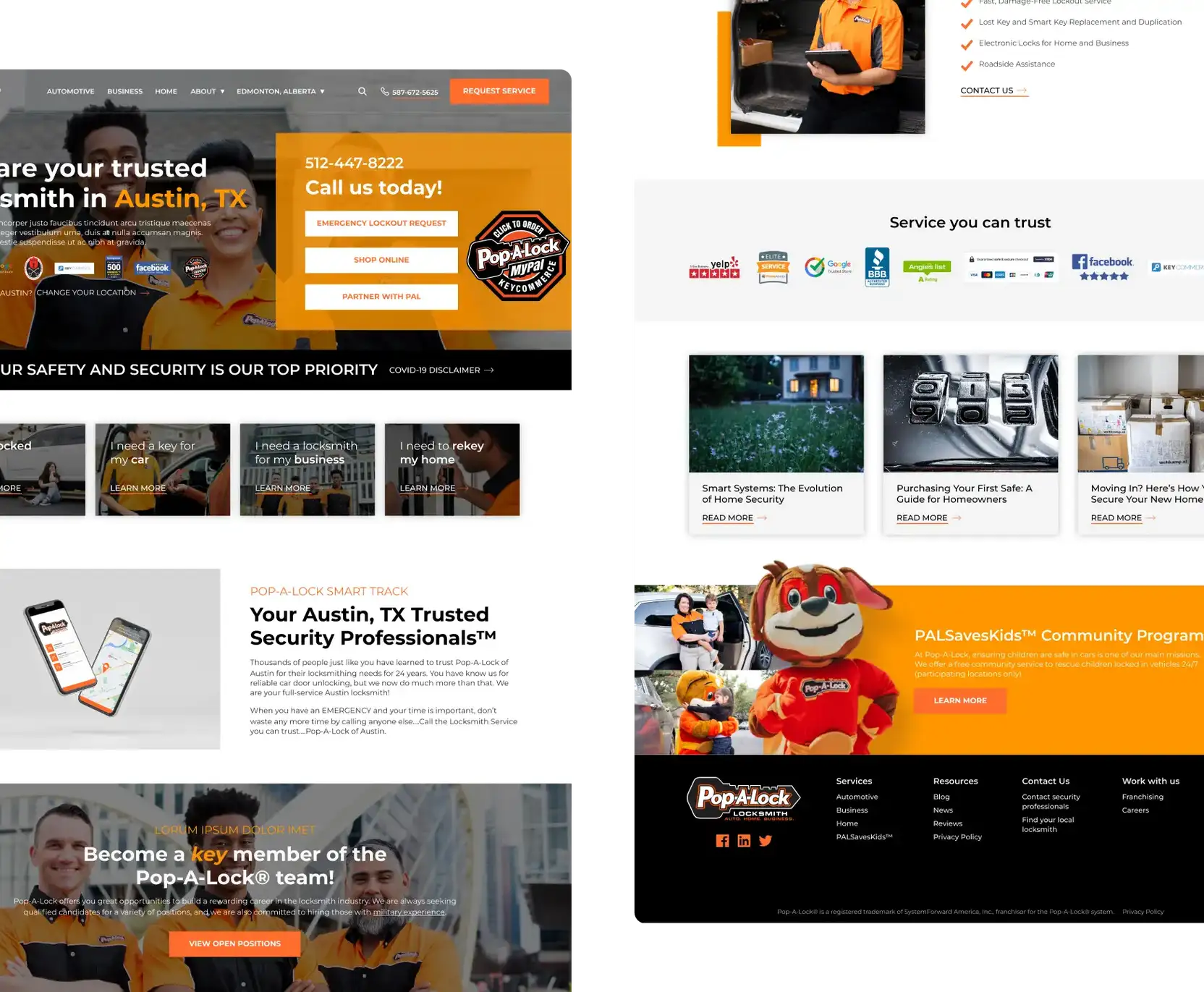 Two desktop views of Pop-A-Lock's website, designed and built by Blackhawk.