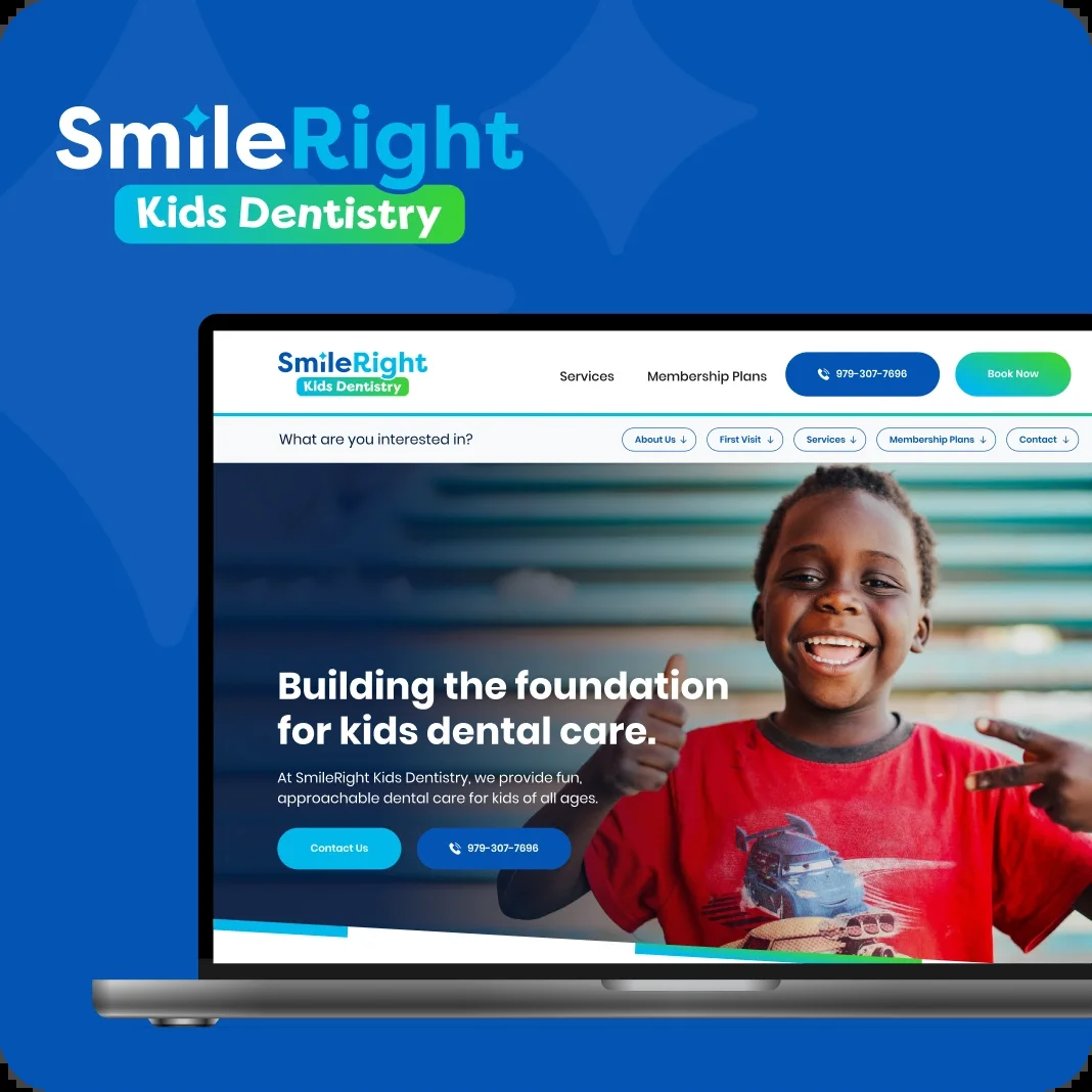 SmileRight Kids Dentistry logo and branded website mockup on a blue backdrop