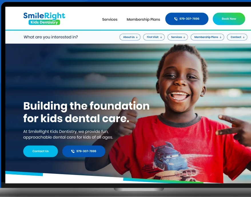 The SmileRight Kids Dentistry website open on a laptop