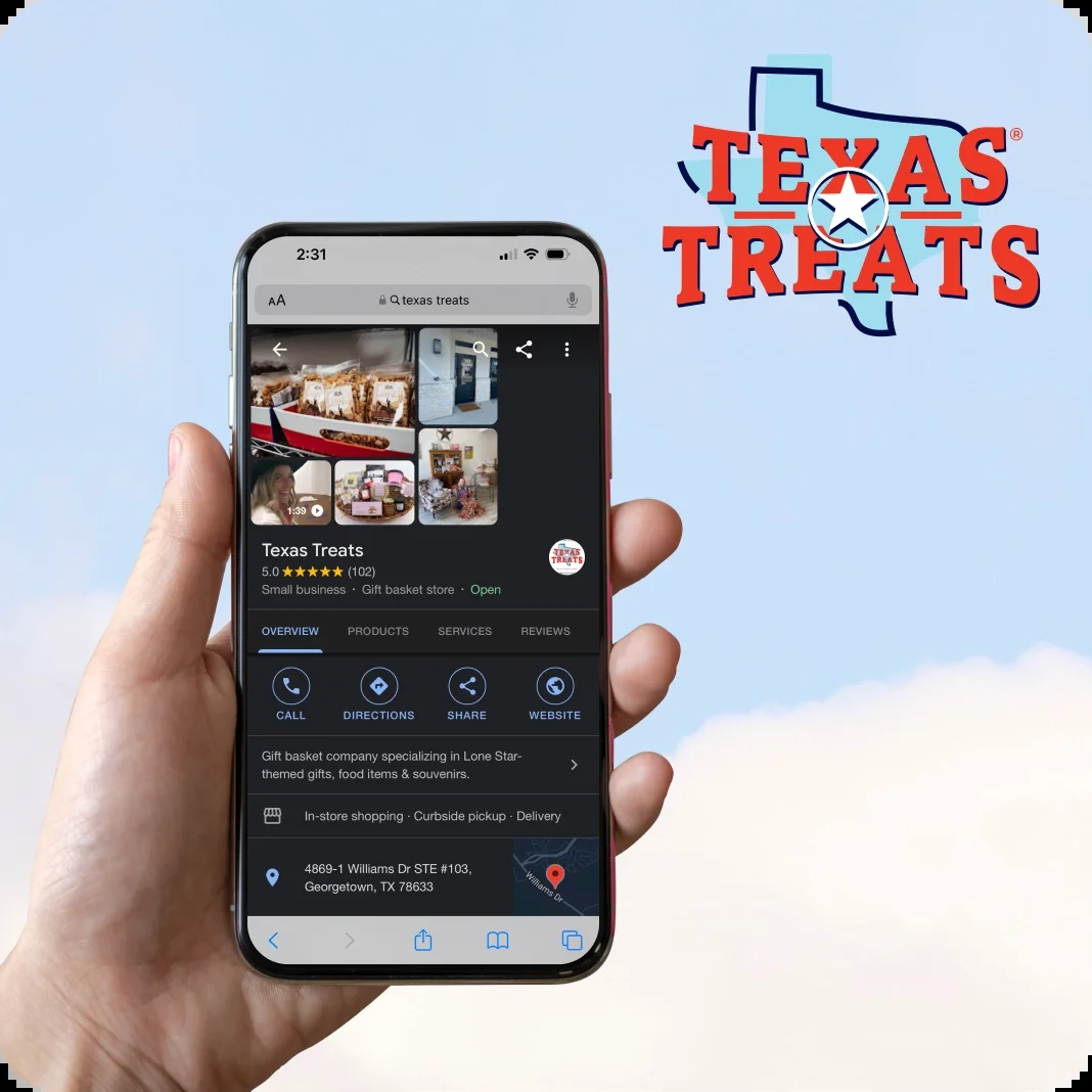 Texas Treats logo beside a hand holding a phone showing the Texas Treats Google Business Profile