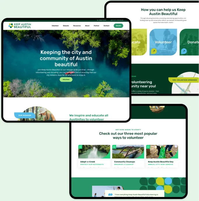 Keep Austin Beautiful website case study: homepage, volunteer, and impact pages