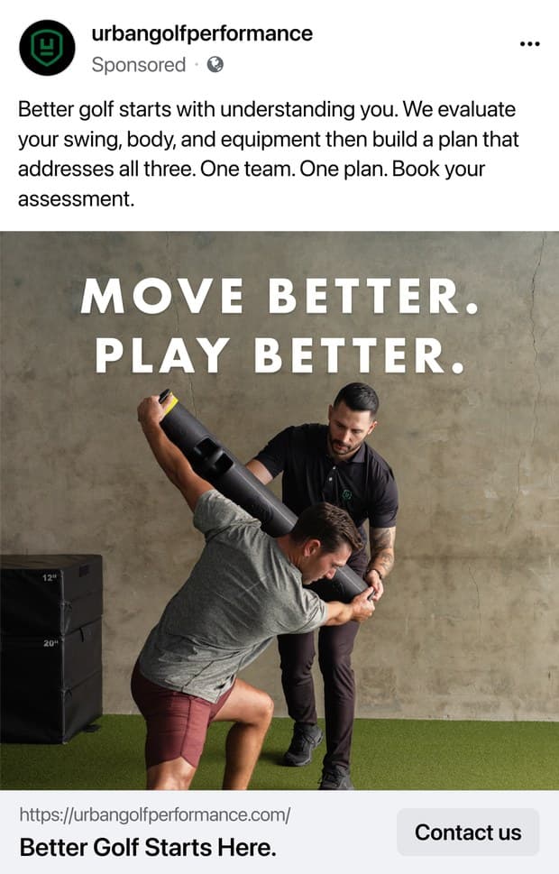Urban Golf Performance paid social ad: Move better, play better