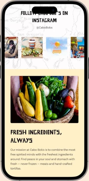 Mobile page 1 of the Cabo Bob's site by Blackhawk on an iPhone