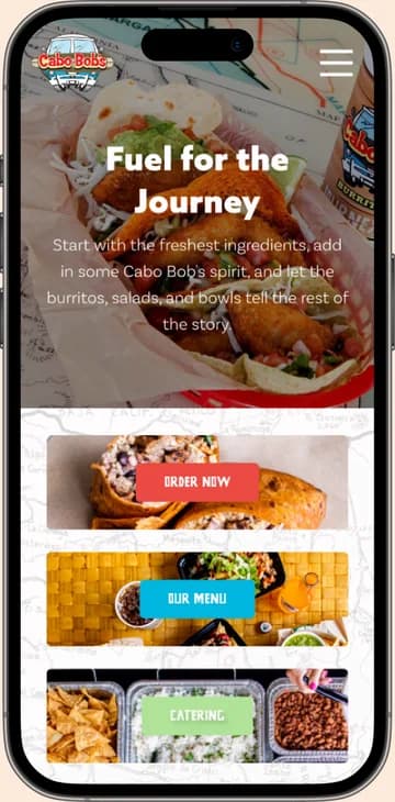 Mobile page 2 of the Cabo Bob's site by Blackhawk on an iPhone
