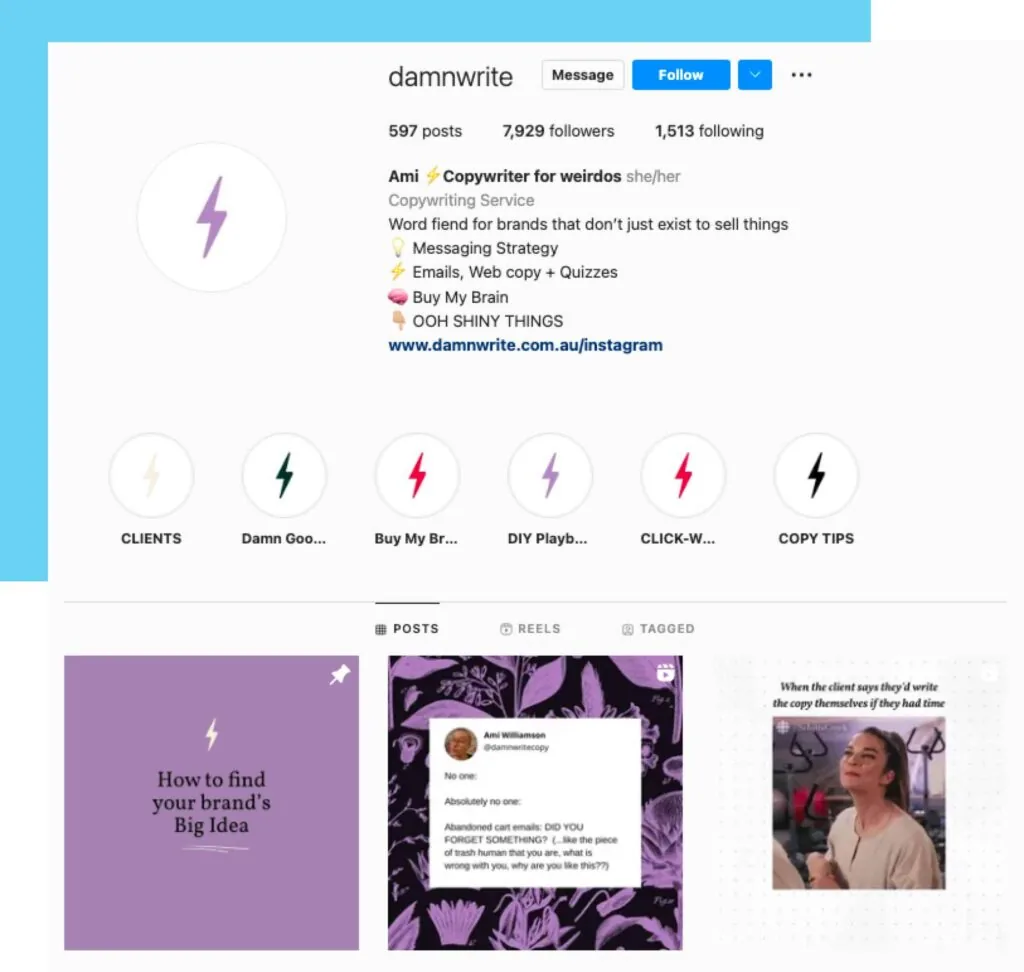screenshot of copywriting instagram account damn write
