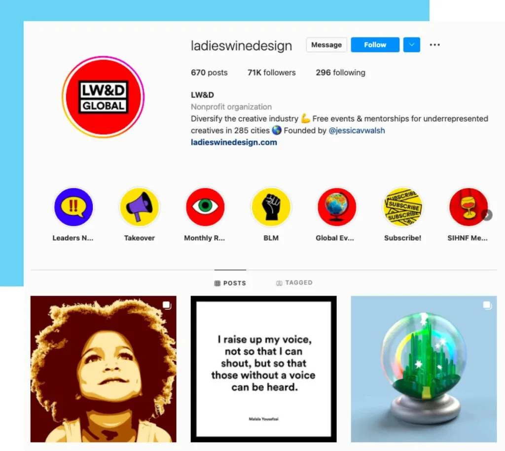 screenshot of ladies, wine, and design nonprofit instagram account