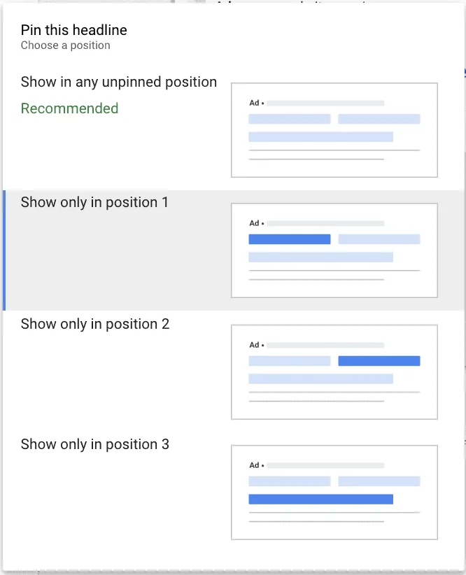 responsive search ad pinning options
