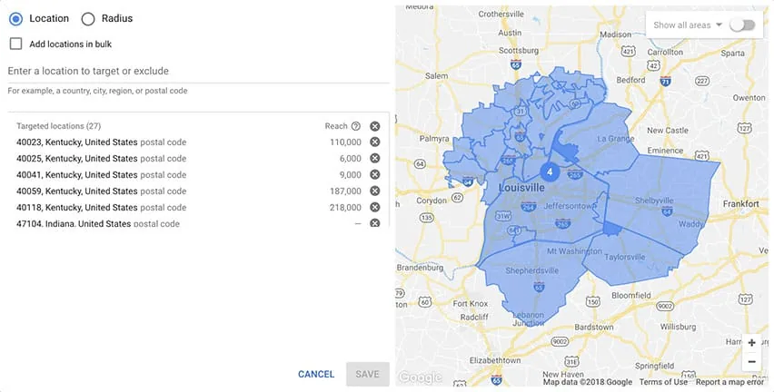 google ads location targeting example