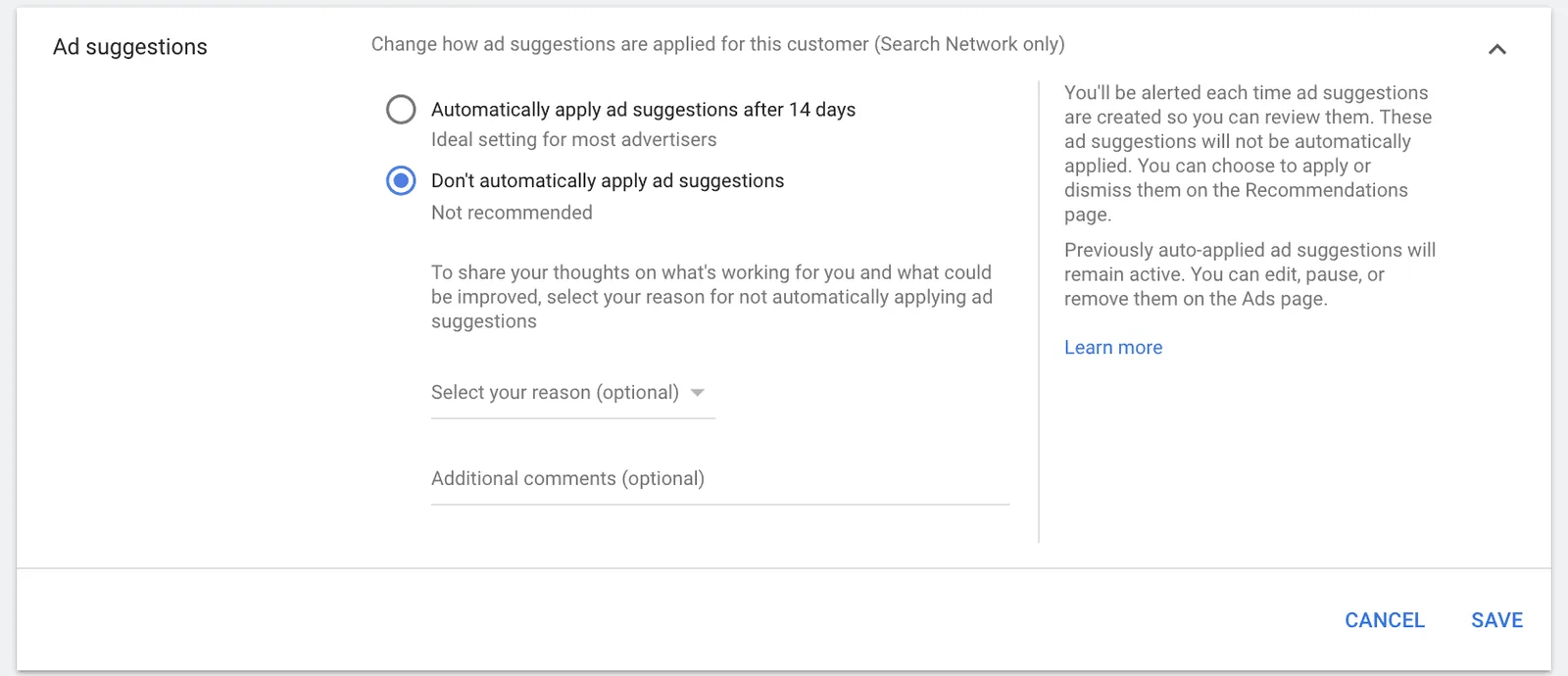 google ads auto applied ad suggestions settings