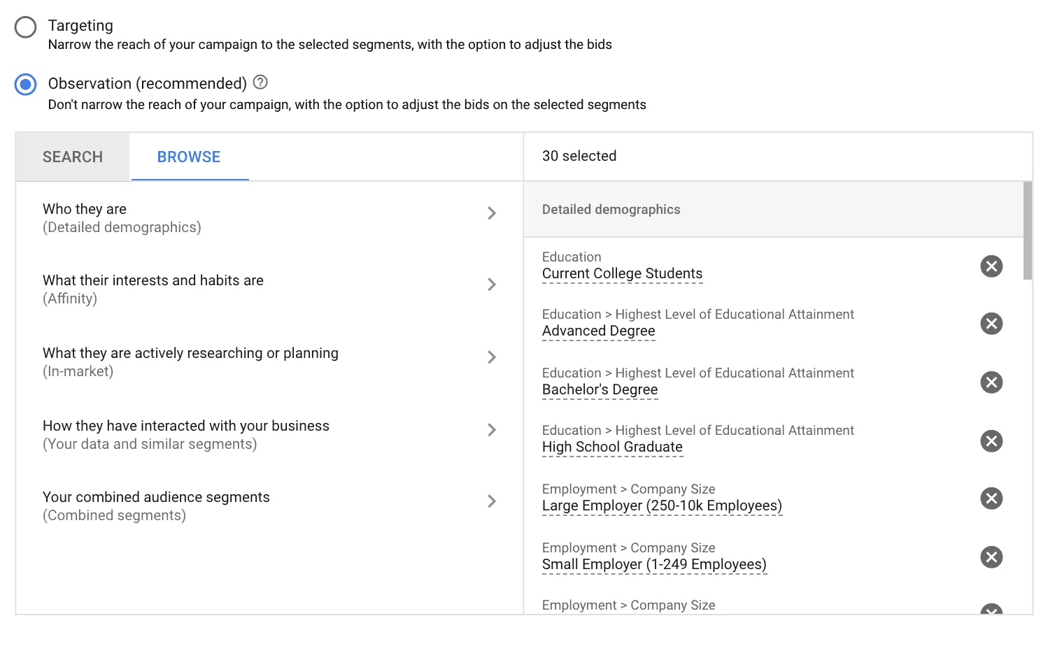 google ads observation audiences settings