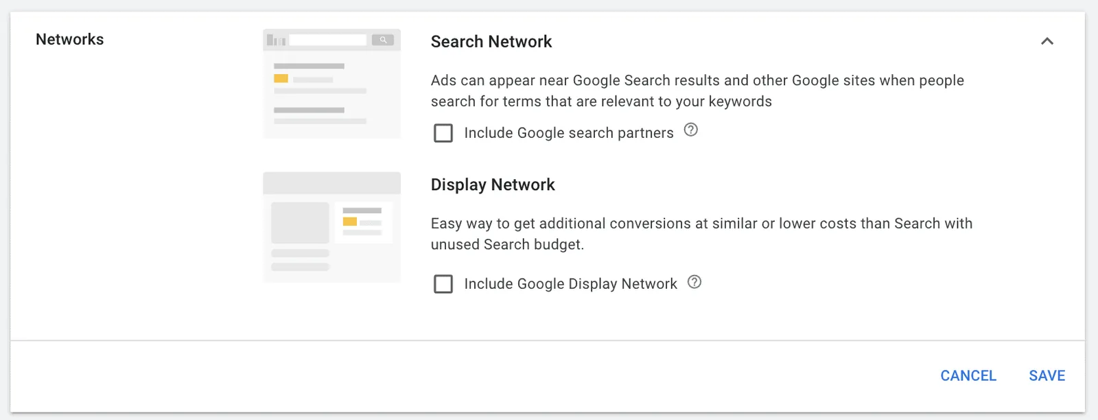 google ads search network settings