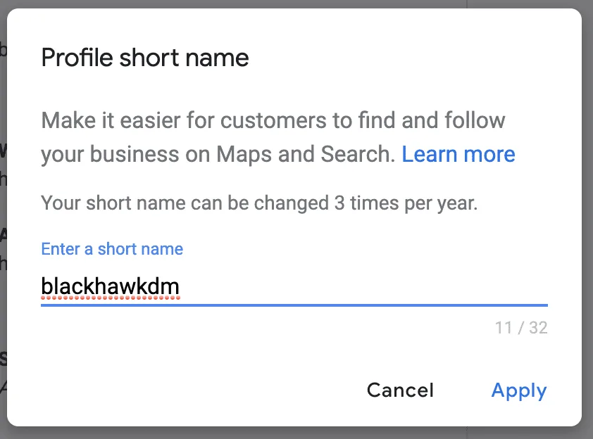 google my business shortname example
