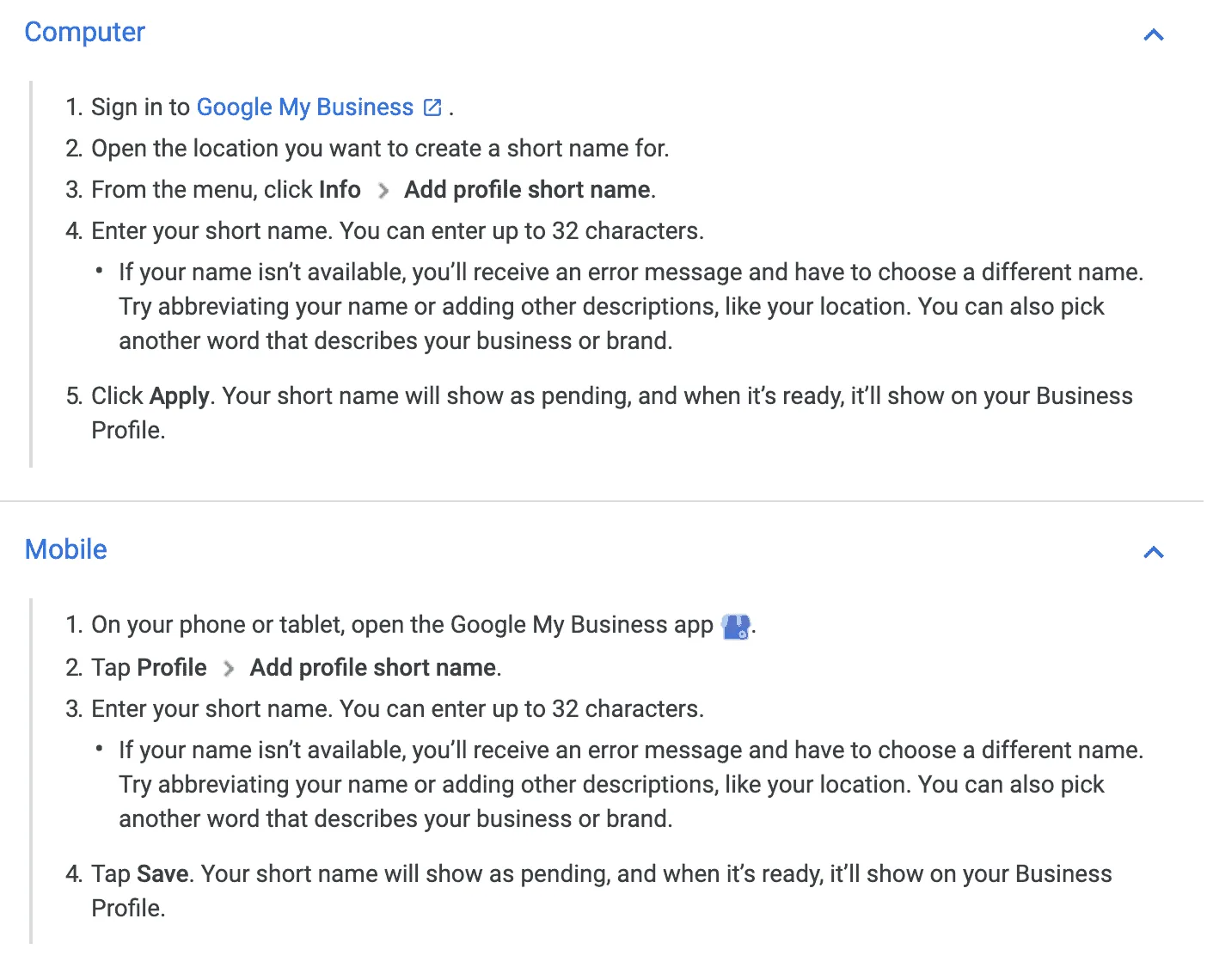 how to create a google my business short name