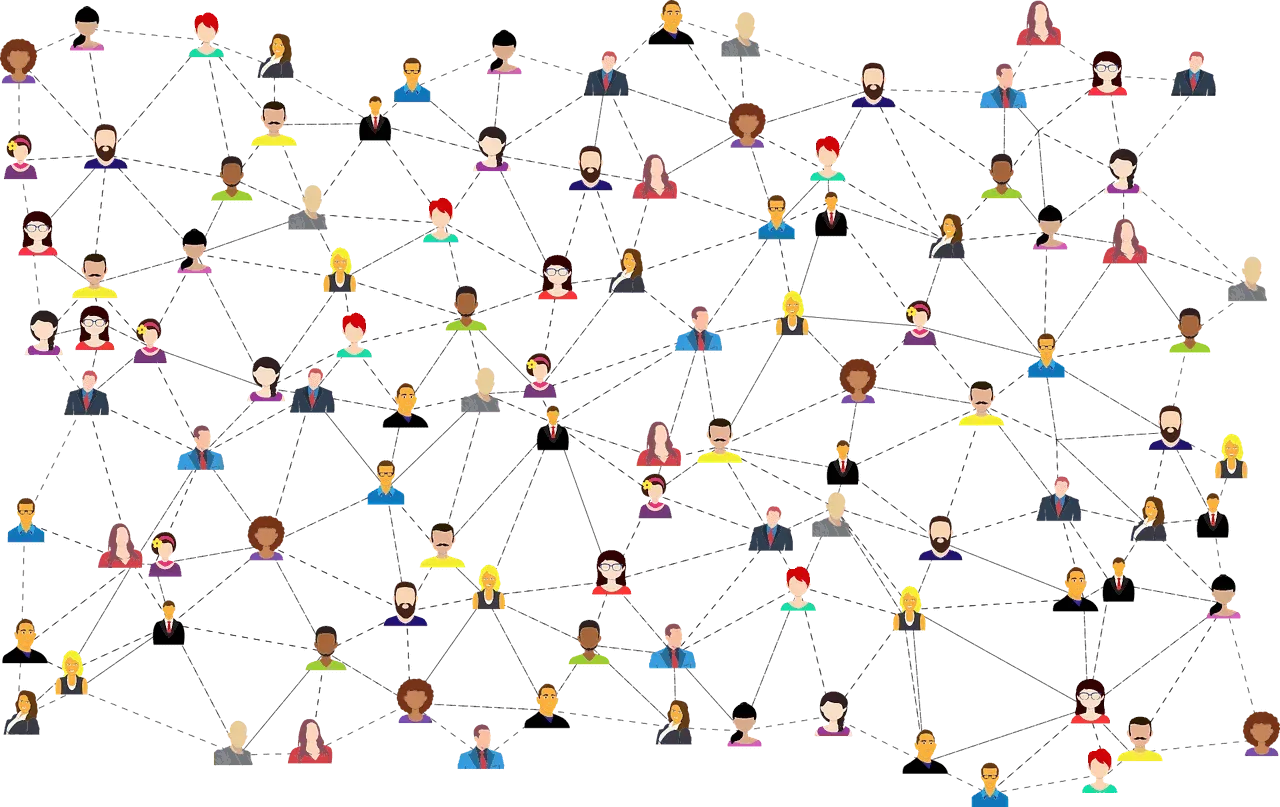 a web of people and dots connecting them to show a network