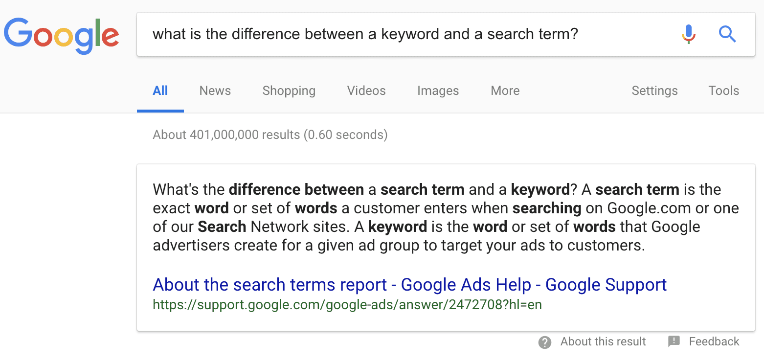 the difference between a keywords and a search term