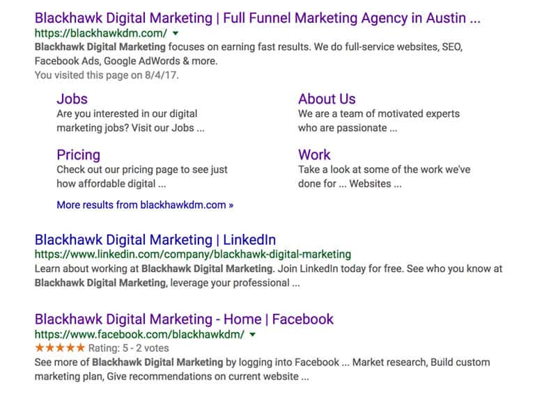 Blackhawk Digital Marketing Google Search Results Screenshot