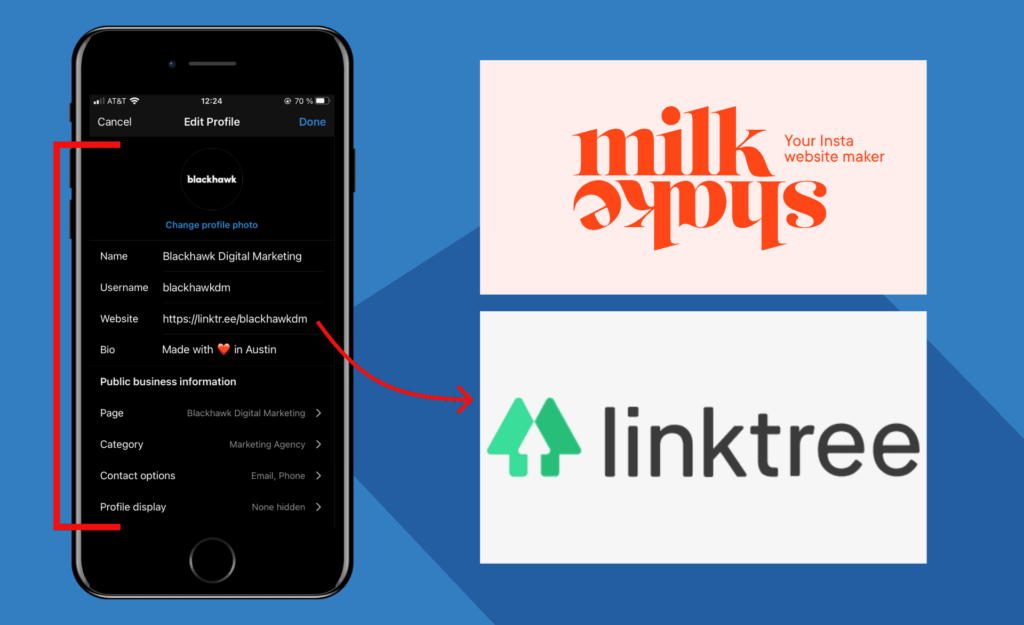 17 Proven Steps to Gain Thousands of Real Instagram Followers in 2021 | Blackhawk | Austin Digital Marketing Agency instagram profile details and milk shake and linktree logos