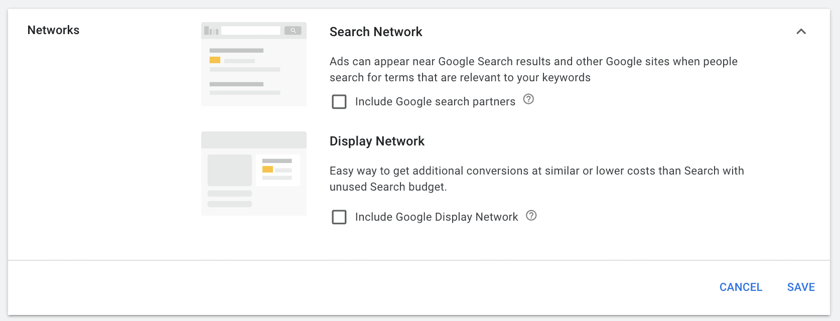google ads search network settings