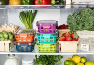 A close up of a refrigerator shelf filled with colorful fresh produce and several tupperware containers