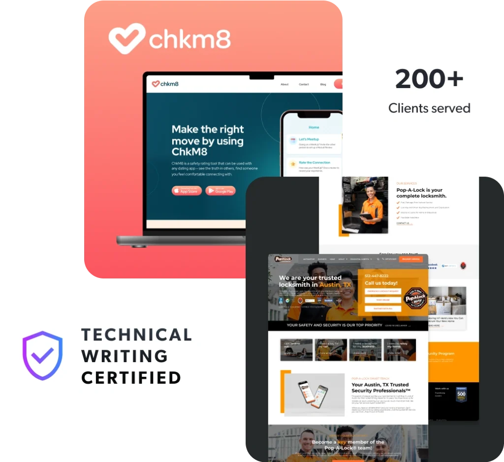 Two content marketing examples, as well as a technical writing certification badge.